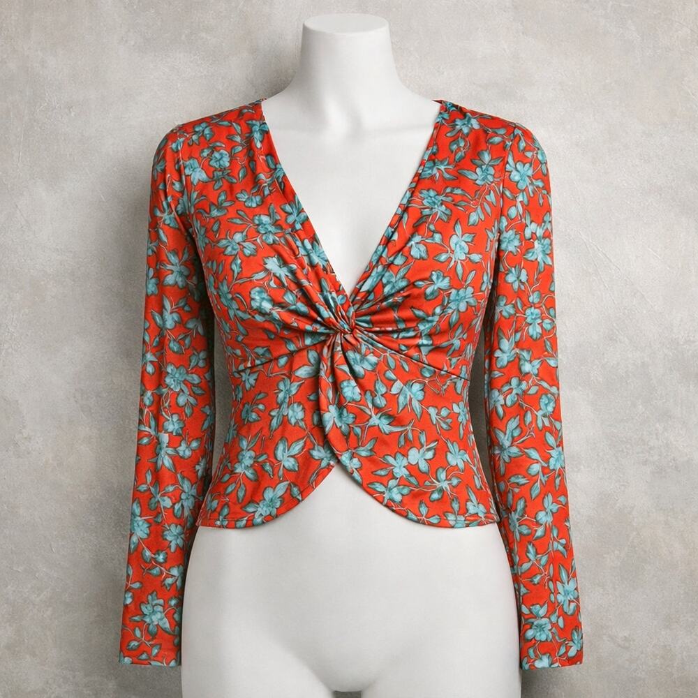 Satin Floral Red Twist-Front Blouse Size L NWT (Love, Whit by Whitney Port)